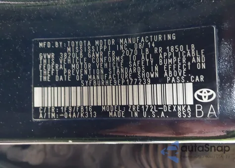 2014 Toyota Corolla Le z USA, uszkodzony, nr VIN 5YFBURHE9EP177239